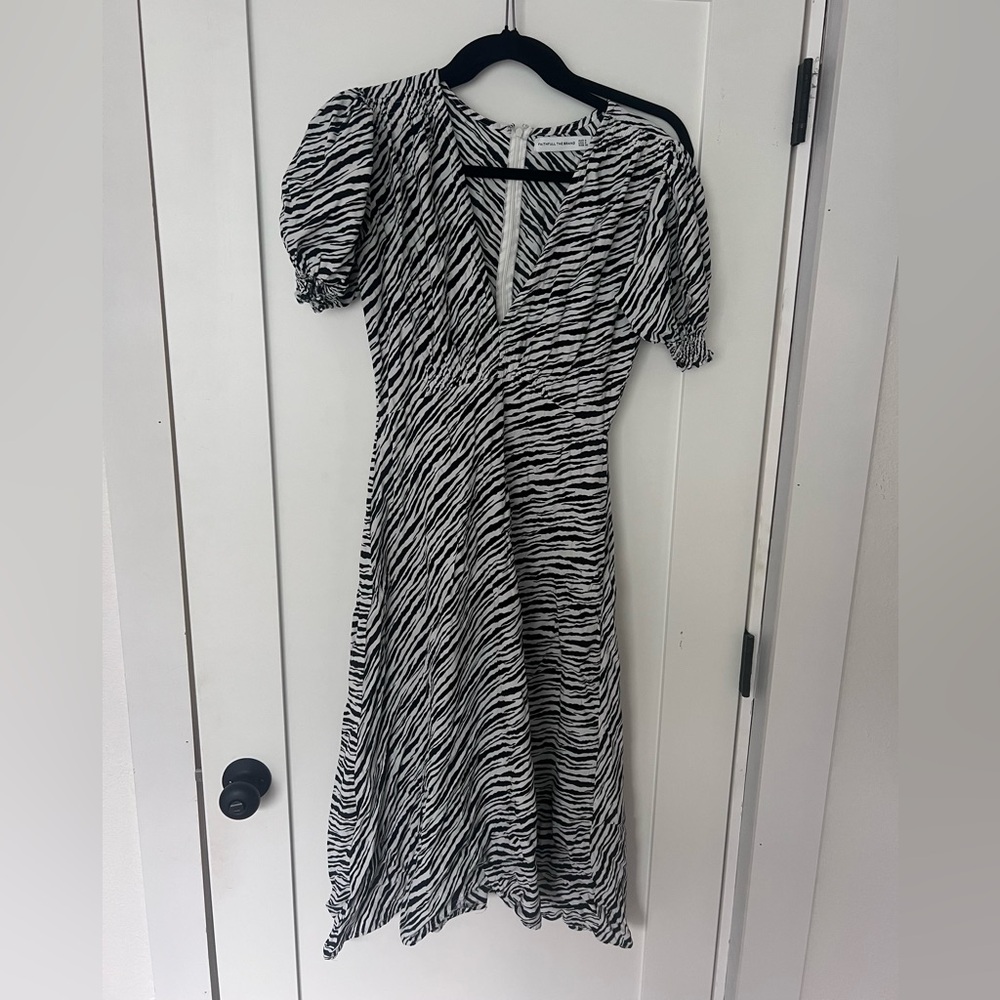 Faithfull the Brand Black & White Zebra Midi Dress with Puff Sleeves